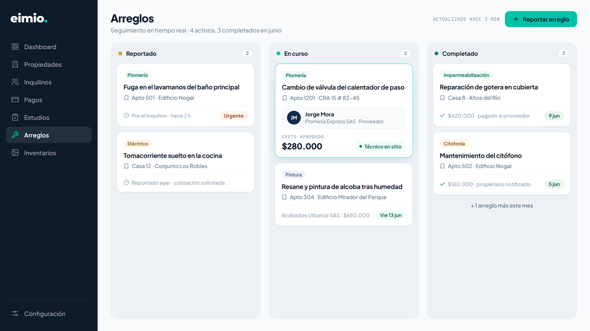 Tablero de arreglos en Eimio con estados reportado, en curso y completado, proveedor asignado y costo aprobado