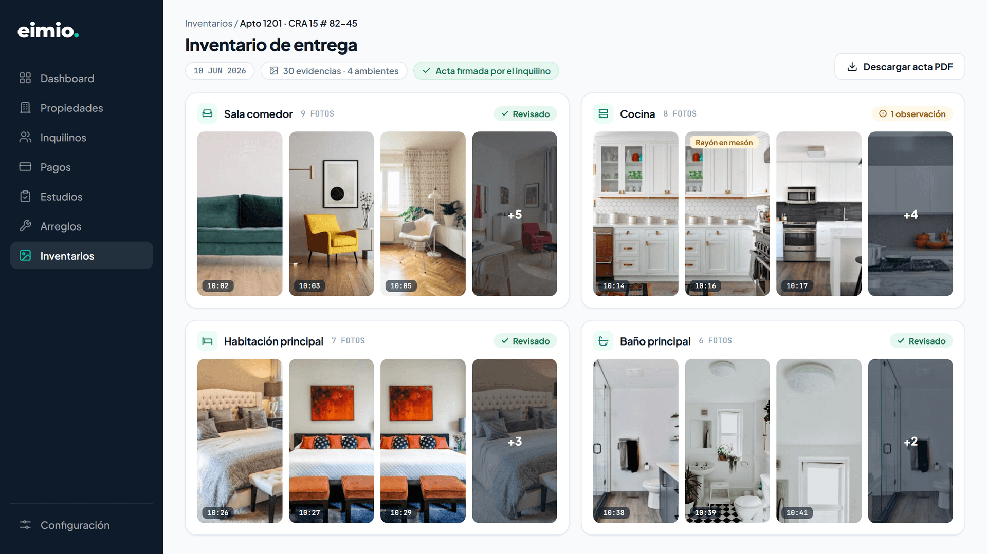 Inventario de entrega en Eimio con evidencias fotográficas organizadas por habitación