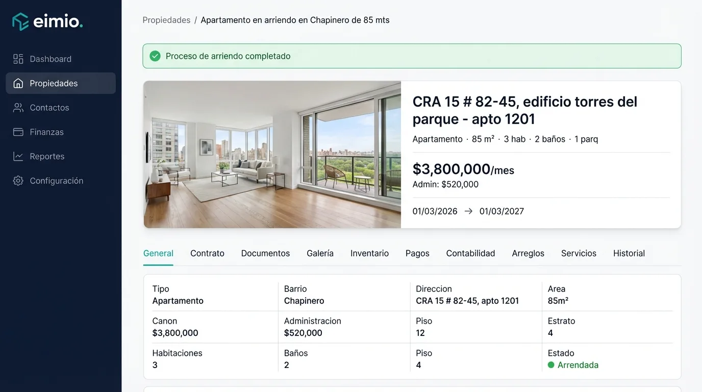 Vista de contratos en Eimio con alertas de vencimiento y búsqueda instantánea